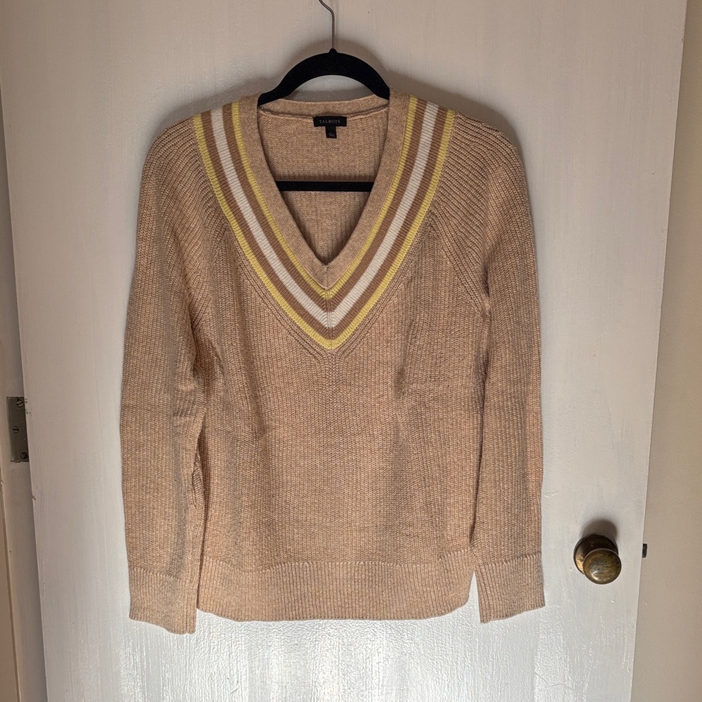 Talbots V-Neck Sweater in Beige with Yellow and White Stripes